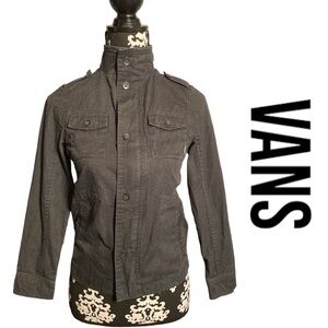 Vans Denim Jacket Women's Small Grey Zipper Snaps Chest Pockets Tapered‎ Fit